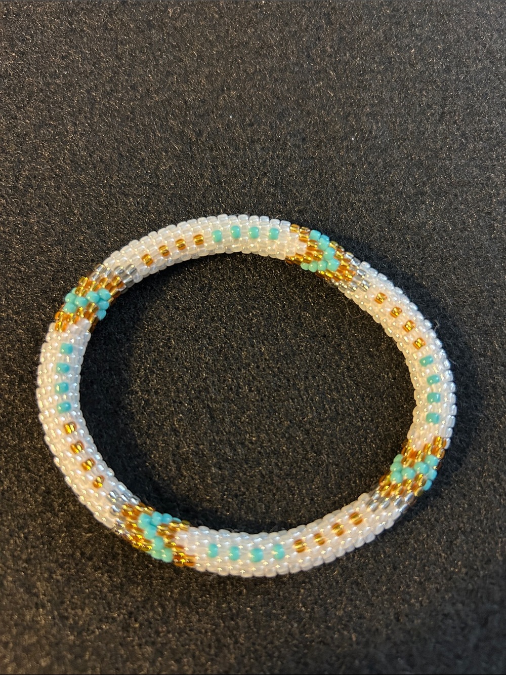 Boho Beach Handmade White, Turquoise, Silver & Gold Seed Bead Bracelet